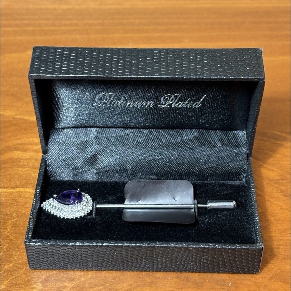 Gold Coast Platinum Plated Pin Purple Amethyst Teardrop Silver Tone NIB